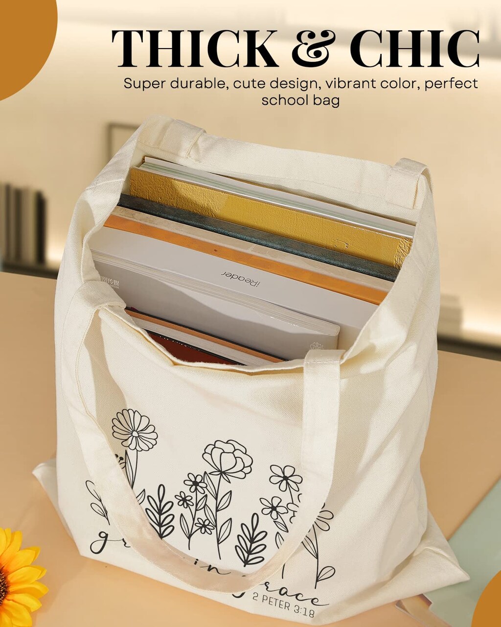 1 Pack Canvas Tote Bag Aesthetic for Women, Cute Trendy Grow in grace Reusable Cloth Cotton Bags with Handle for Grocery College Shopping Beach